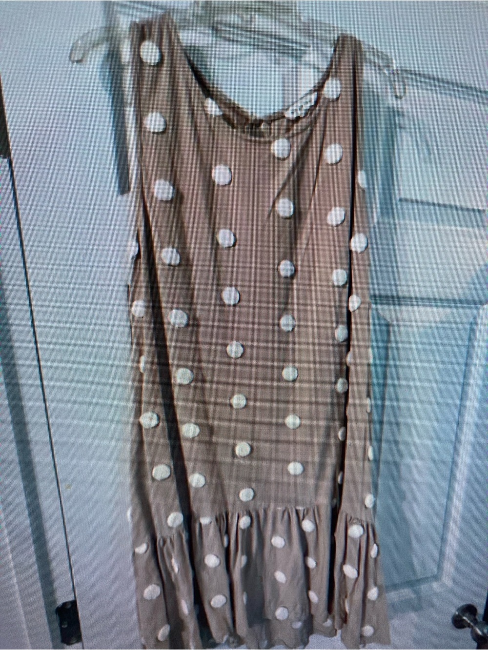 Sleeveless Taupe Midi Dress with White Pom Dot Detail